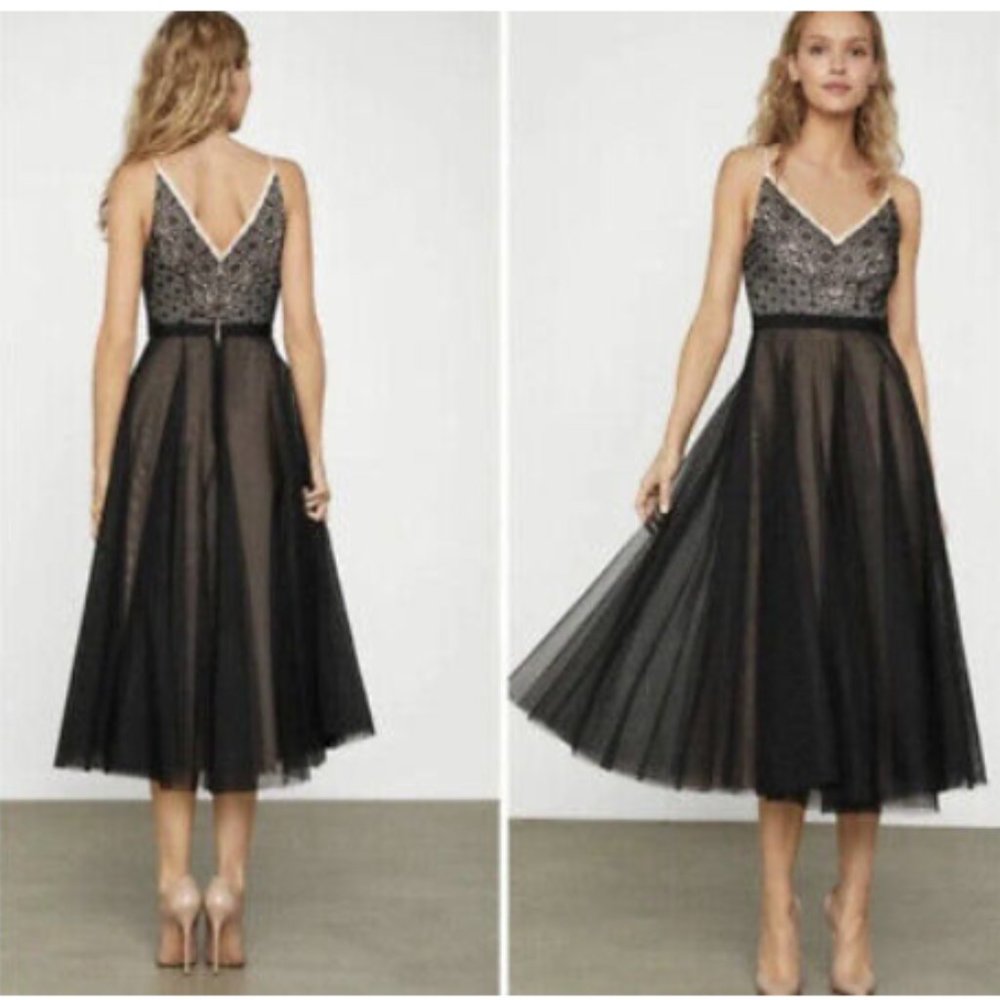 NEW BCBGMAXAZRIA Geometric Floral Lace Tulle Cocktail Midi Dress Black Bare Pink